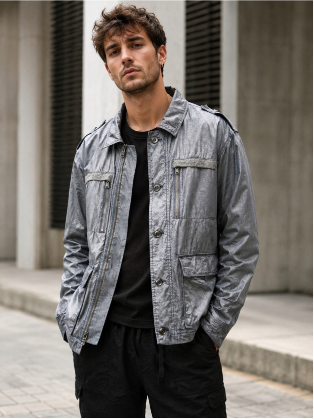 John Varvatos Field Jacket Men’s L Coated Utility Techwear Cyberpunk Blue Gray